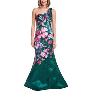 Rene Ruiz Womens One Shoulder Printed Mikado Gown, Green